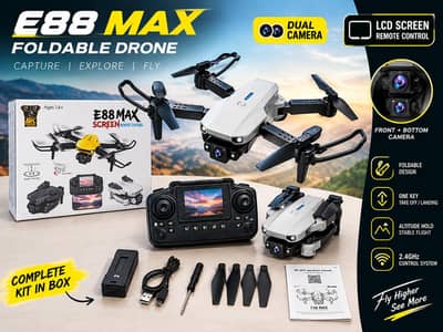 E88 Max Foldable Drone with Screen Remote | Dual Camera | Box Pack