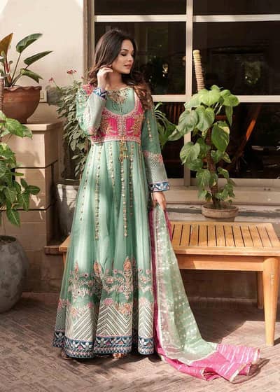 brand: maalhaar dress type: 3 piece maxi trouser with organza duppata