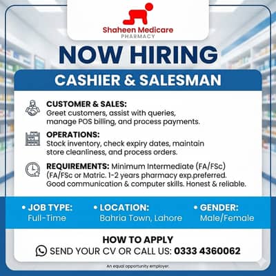 Cashier & SalesMan at Shaheen Medicare Pharmacy