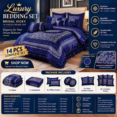 Luxury Bed Set, 14-Piece Silk Jacquard Bridal Set Blue Silver