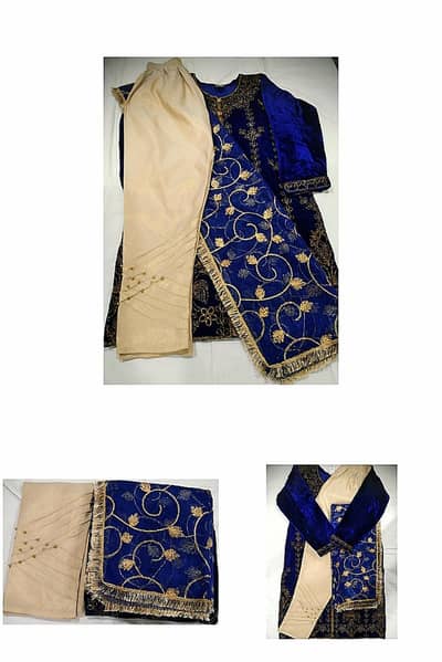 Designer Royal Blue Velvet 3-Piece Fancy Dress for Sale