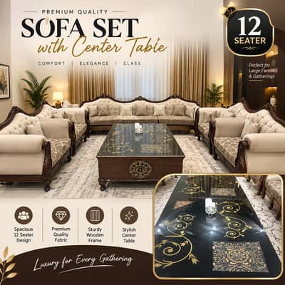 Premium Wooden 12-Seater Sofa Set + Intricate Floral Center Table