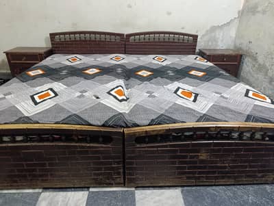 Solid Wooden Double Bed with side table and matress