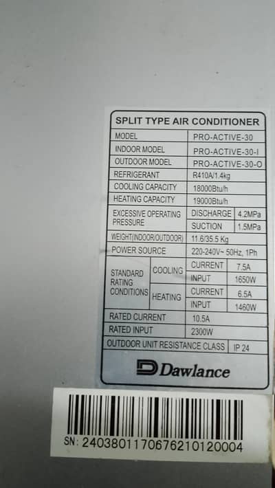 split inverter AC Dawlance 1.5 ton