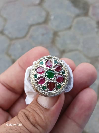 Natural Rubies, Emeralds, Diamonds Mix stones Ring.