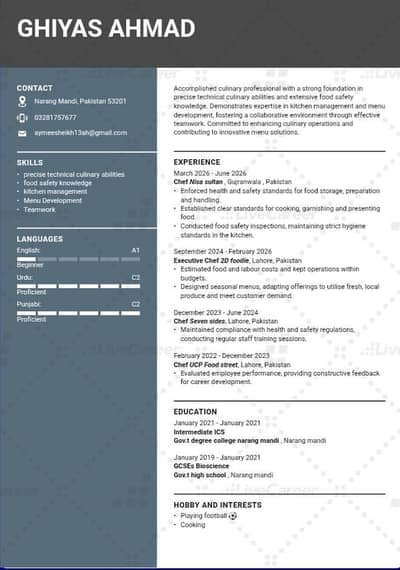 chef of fast food and pizza with 5 years experience