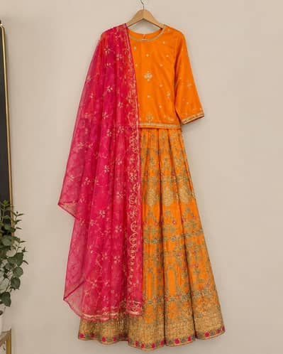 Beautiful Orange Pink Embroidered Lehenga choli | Worn Once