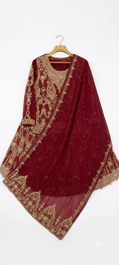 Maroon Bridal Lehenga 3 Piece Suit – Heavy Golden Embroidery