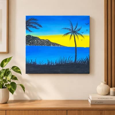 Handmade Tropical Sunset Canvas Acrylic Painting – Ocean & Palm Tree