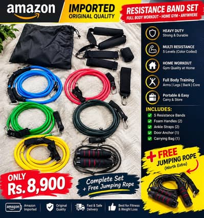 Amazon Imported Heavy Resistance Band set-10 to 50 LBS+jumping free
