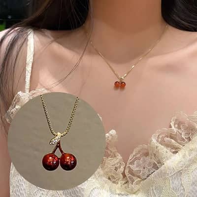 Korean Cherry Necklace for Women Red Cherry Design