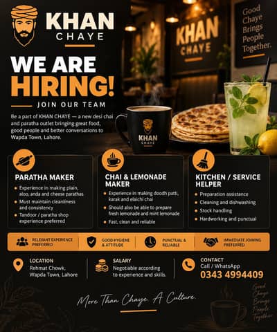 Staff Required for New Chai & Paratha Café – Wapda Town Lahore