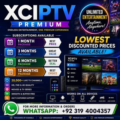 XCIPTV Subscription — 6 Month, 1 Year & 18 Months Plans | HD Live TV