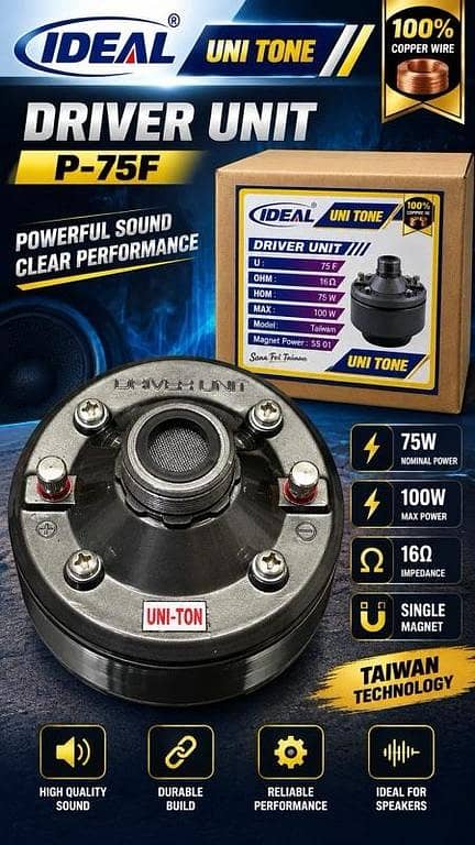 UNI-TON P-75F Driver Unit | 75W | 16Ω | Single Magnet