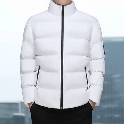 Men white fleece puffer jacket slim fit winter wear