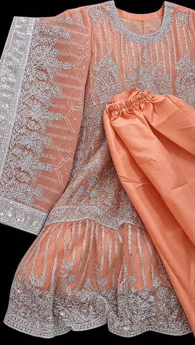 Beautiful Peach Silver Embroidered 3 Piece Dress