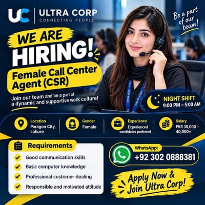 Call Center Agent (CSR) Only Female | Night Shift Job | Jobs in Lahore