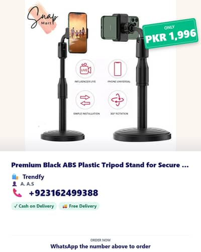Premium Black ABS Plastic Tripod Stand for Secure Stability