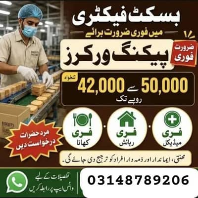 Need urgent staff Biscuits packing factory in Lahore