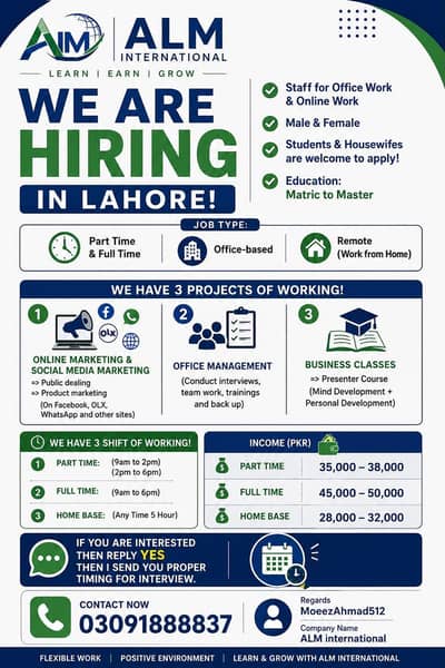 Working opportunity available in lahore.