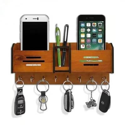Wooden Double Pocket Mobile & Key Holder Wall Mount