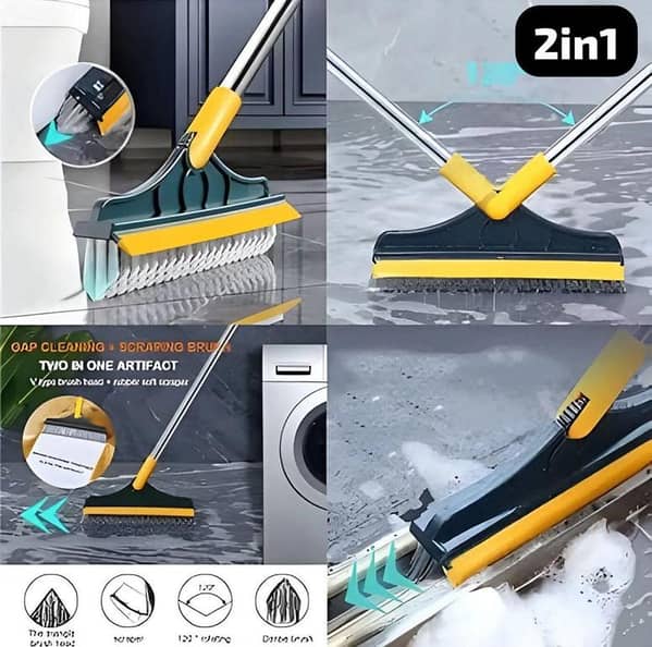 Bathroom Cleaning Brush with Wiper 2 in 1  | Floor & Tile Scrub Brush with Long Handle 120° Rotating | Bathroom & Kitchen Cleaning Accessories – Multicolor