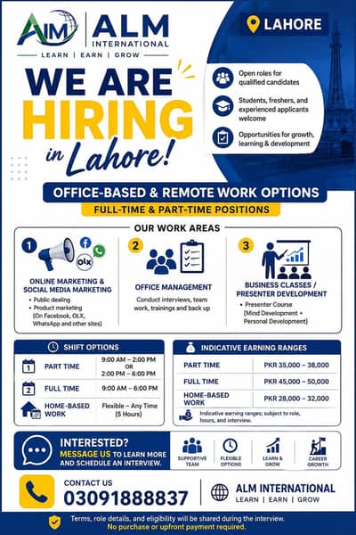 Working opportunity available in Lahore.