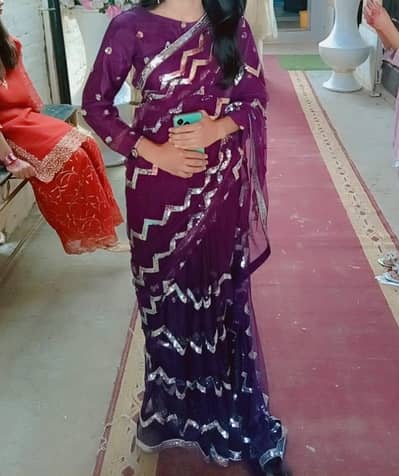Gorgeous Purple Net Saree with Silver Sequin Zig-Zag Work