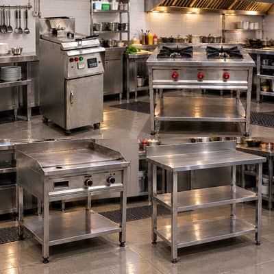 Restaurant Kitchen Appliances -Fryer, Hotplate, Burners, working Table