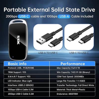 SSK 8TB Portable External SSD | 20Gbps USB 3.2 Gen 2x2 | Box Packed
