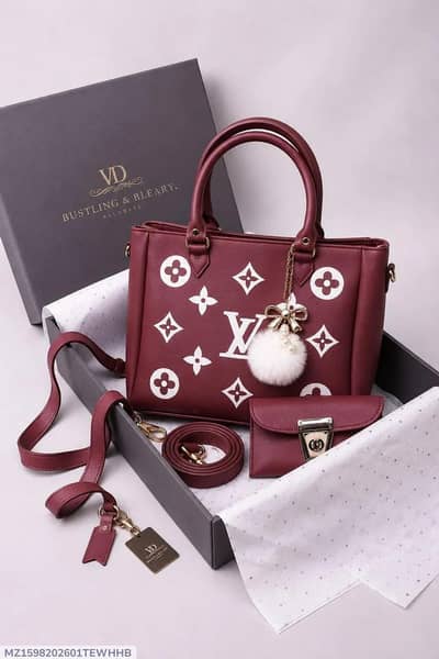 Maroon leather hand bag set for women 2pcs top handle
