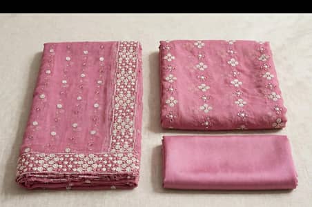 Dusky pink heavy embroidered chiffon 3pc un stitched suit-party wear
