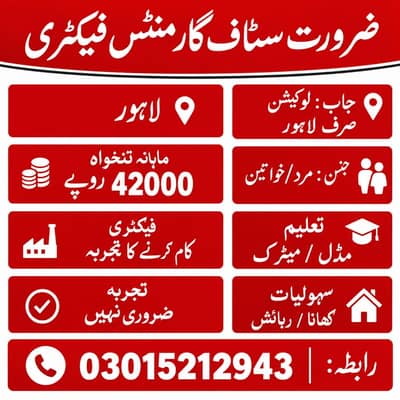 Garments Factory Staff Required