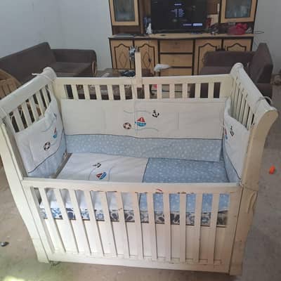 Wooden Baby Cot with New Mattress, Storage & Wheels