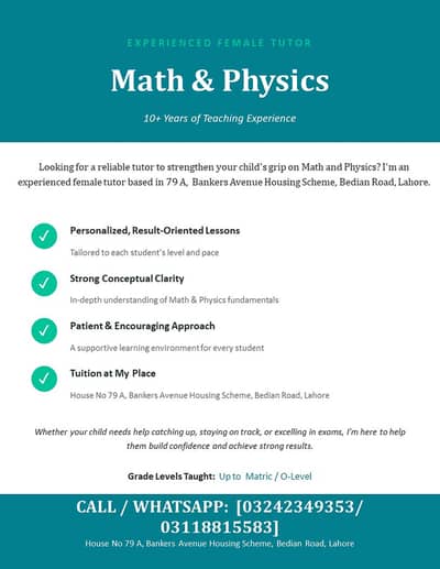 Math & Physics Home Tuition – 10+ Yrs Experience, Bedian Rd