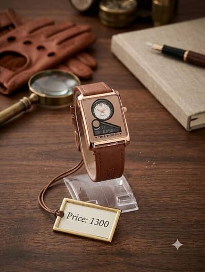 Elegant Dual-Dial Men's watch with brown leather strap