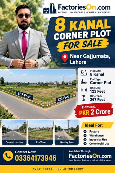 8 KANAL CORNER PLOT FOR SALE Prime Location Near Gajjumata, Lahore
