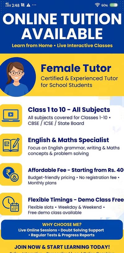 Online tutor available class- 1 to 10 - All subjects ( Female tutor)