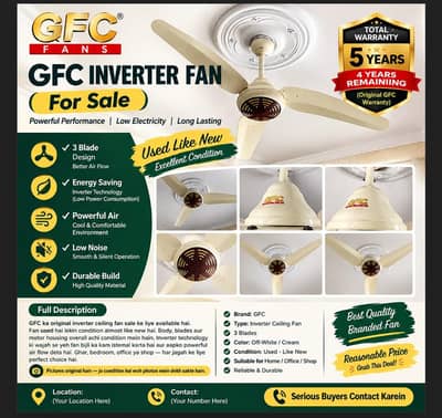 GFC Inverter Ceiling Fan — Used Like New