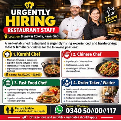 karahi sheff Chinese sheff OT/waiter