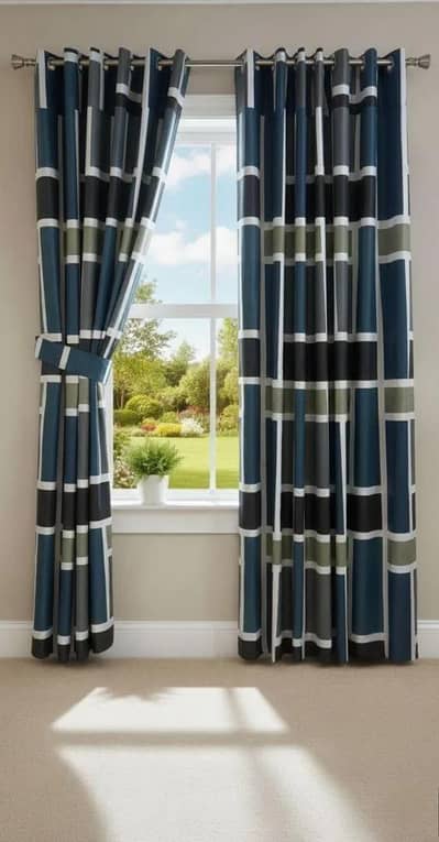 Navy Striped Cotton Curtains