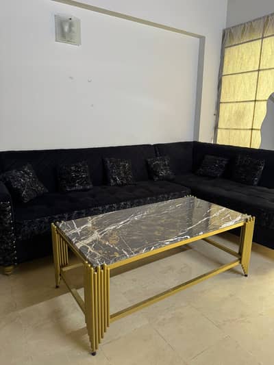 L-Shaped Black Sofa Set with Luxury Coffee Table – Complete Set