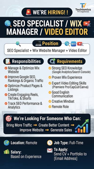 WE’RE HIRING SEO SPECIALIST / WIX MANAGER / VIDEO Editor