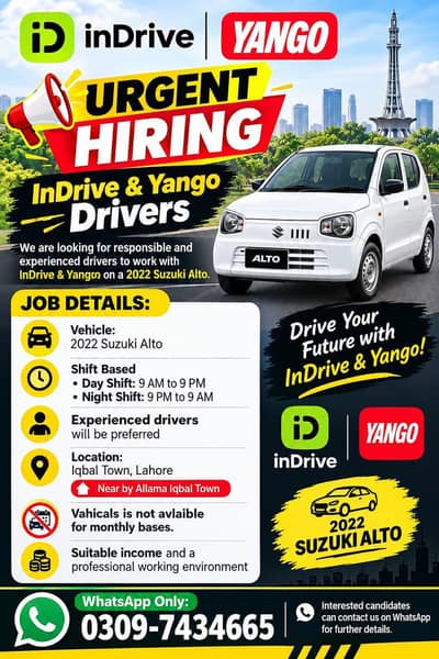 Urgent Hiring – InDrive & Yango Drivers | 2022 Suzuki Alto