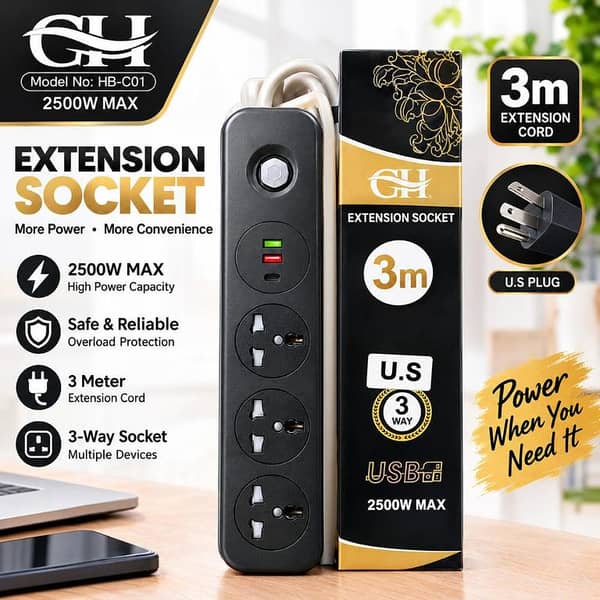 GH Extension Socket 2500W Power Strip 3 Way Universal Socket with USB Charging Port 3 Meter Cord Overload Protection