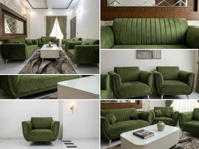 Modern Olive Green Velvet 6-Seater Sofa Set + Center table (Excellent