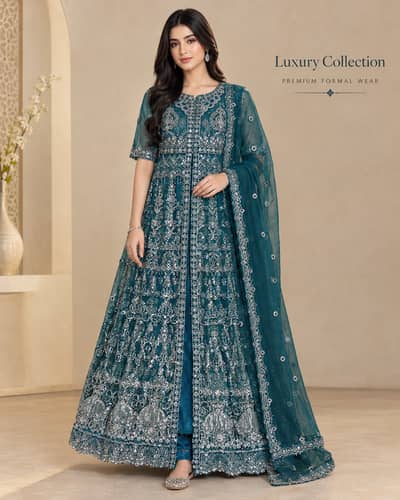 Beautiful Teal Blue Girls Fancy Party Wear Dress – Heavy Silver Embroi