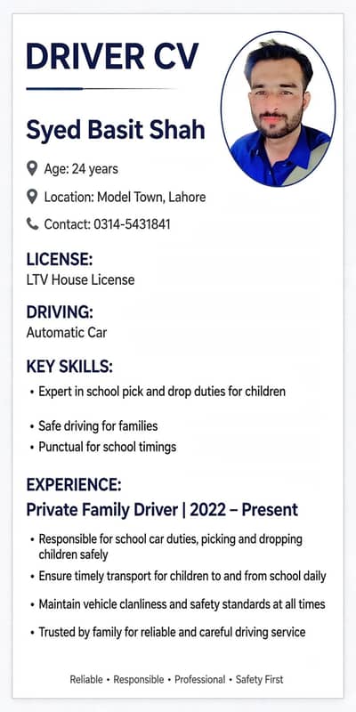 Driver Available Model Town Lahore LTV