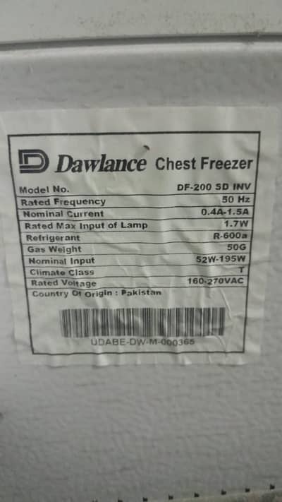 Dawlance DF-200 SD Inverter Deep Freezer – 200L / 7-8 CFT – Excellent