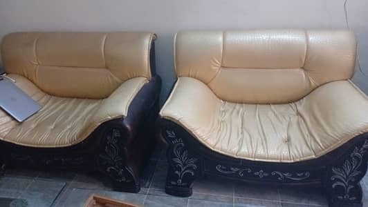 9 Seater Sofa Set in Good Condition - Golden Leatherette & Wooden Fram